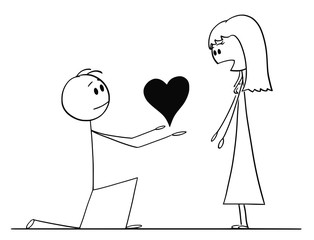 Cartoon stick drawing conceptual illustration of man kneeling and giving big heart to his surprised beloved woman of love.