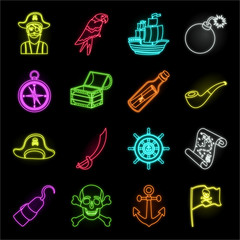 Pirate, sea robber neon icons in set collection for design. Treasures, attributes vector symbol stock web illustration.