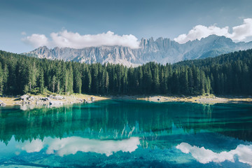 Carezza lake and Latemar mountain, Bolzano province, South Tyrol, Italy