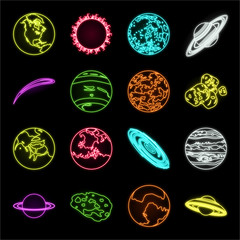 Planets of the solar system neon icons in set collection for design. Cosmos and astronomy vector symbol stock web illustration.