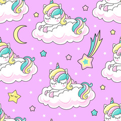 Seamless pattern. Rainbow unicorn on a cloud. For registration of fabric, wrapping paper, wallpaper, etc. Vector