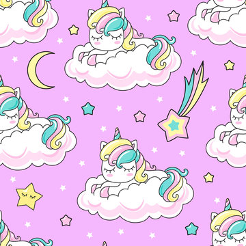 Seamless pattern. Rainbow unicorn on a cloud. For registration of fabric, wrapping paper, wallpaper, etc. Vector © Zerlina