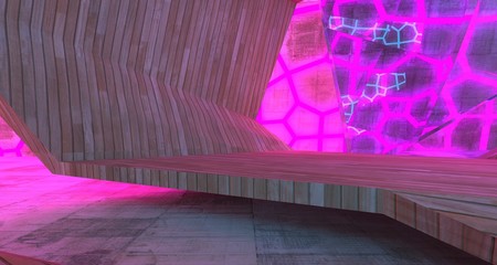 Abstract  Concrete Futuristic Sci-Fi interior With Pink And Blue Glowing Neon Tubes . 3D illustration and rendering.