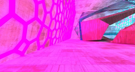 Abstract  Concrete Futuristic Sci-Fi interior With Pink And Blue Glowing Neon Tubes . 3D illustration and rendering.