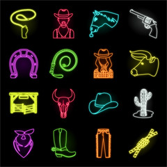 Rodeo, competition neon icons in set collection for design. Cowboy and equipment vector symbol stock web illustration. - 245132251