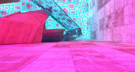 Abstract  Concrete Futuristic Sci-Fi interior With Pink And Blue Glowing Neon Tubes . 3D illustration and rendering.