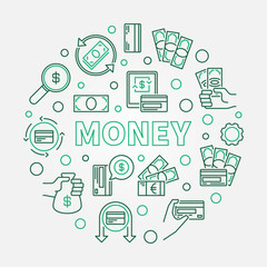 Money vector concept round illustration made with cash, credit card, banknote outline icons in circle shape