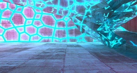 Abstract  Concrete Futuristic Sci-Fi interior With Pink And Blue Glowing Neon Tubes . 3D illustration and rendering.