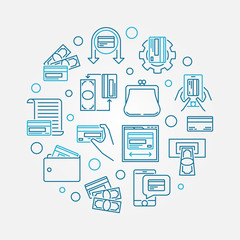 Vector illustration made with cash, banknote and money outline icons in circle shape