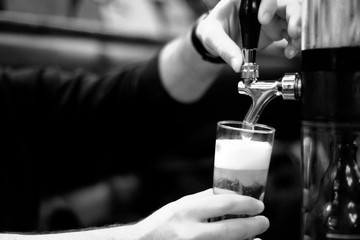Beer faucet and pint in the pub black and white close up view