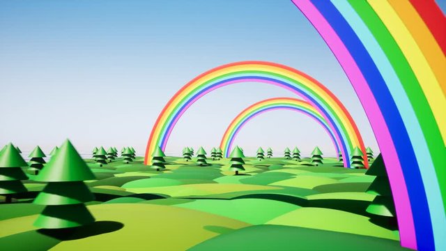 Plastic island with rainbow and plastic trees