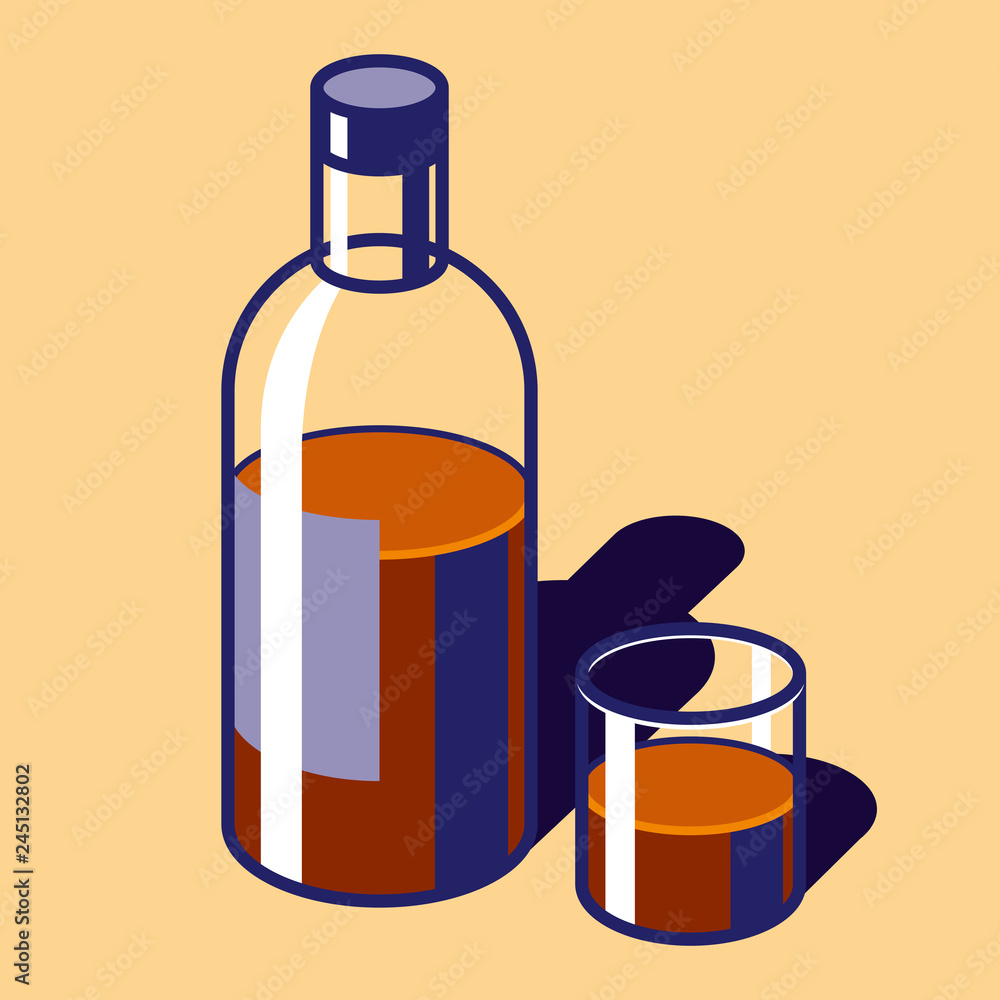 Poster bottle of whiskey and glass with 3d flat style. transparent glass objects on color background. simpl