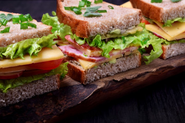 Sandwiches assortment on a wooden board against the dark background