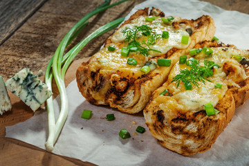 Open face cheese sandwich toated in an oven. Delicious homemade cheese toast with mozzarella, gorgonzola and green onion.