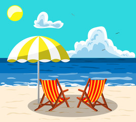 Sunbeds for relaxing on a sunny beach under an umbrella. Illustration in flat style.
