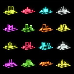 Factory and plant neon icons in set collection for design. Production and enterprise vector isometric symbol stock web illustration.