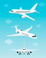 Set of airplanes with different angles. Vector illustration. Flat cartoon style.