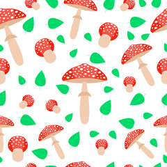 Amanita seamless pattern. Fly agaric vector illustration. Flat cartoon style.