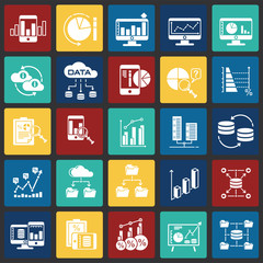 Data analysys icons set on color squares background for graphic and web design, Modern simple vector sign. Internet concept. Trendy symbol for website design web button or mobile app