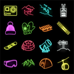 Ski resort and equipment neon icons in set collection for design. Entertainment and recreation vector symbol stock web illustration.