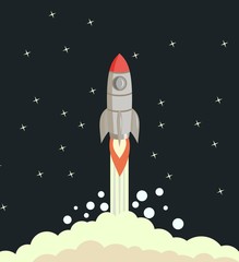 Fototapeta premium Color illustration of a rocket starts into space