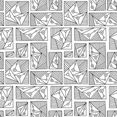Seamless vector pattern. Black and white geometrical hand drawn background with rectangles, squares, lines. Print for background, wallpaper, packaging, wrapping, fabric.