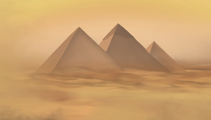 Desert landscape with pyramids. Sandstorm, camel caravan. - obrazy, fototapety, plakaty