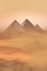 Desert landscape with pyramids. Sandstorm, camel caravan.