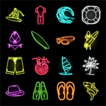 Surfing and extreme neon icons in set collection for design. Surfer and accessories vector symbol stock web illustration.