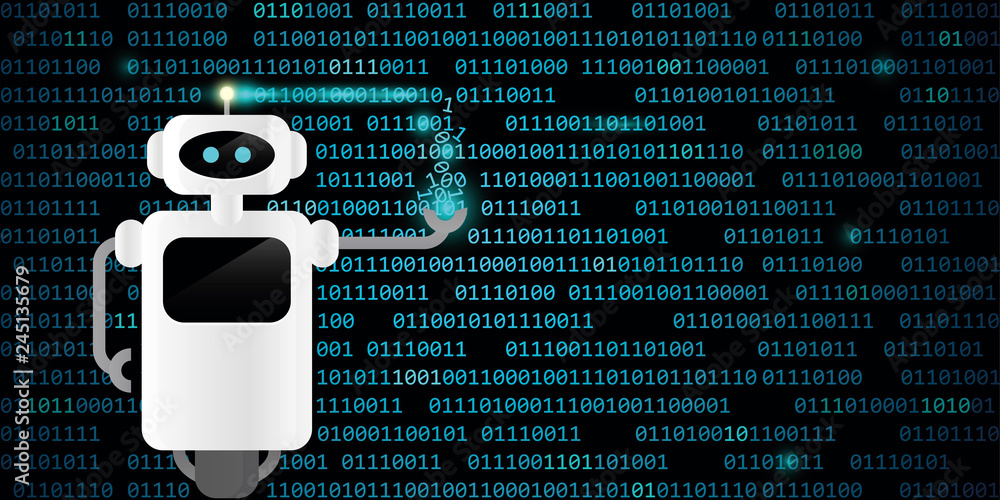 Poster robot collects binary code web cyber technology vector illustration eps10