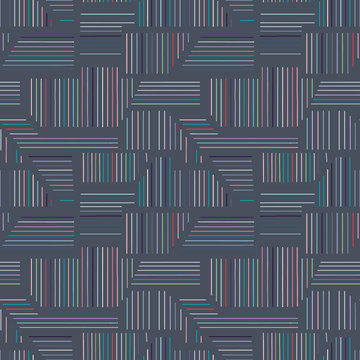 Geometric vector seamless dark blue pattern with different geometrical lined forms. Striped square, triangle, rectangle. Modern techno minimal design. Abstract background. Graphic Illustration