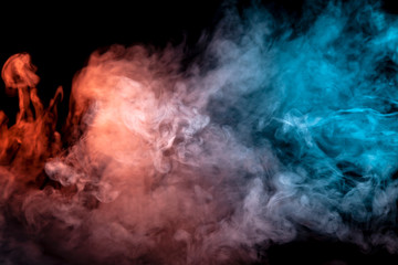 Translucent smoke rising to the top, illuminated by light on a dark background, multi-colored:...