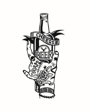 Hand holding the beer bottle - Cheers, vector illustration