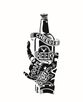 Hand holding the beer bottle - Cheers, vector illustration