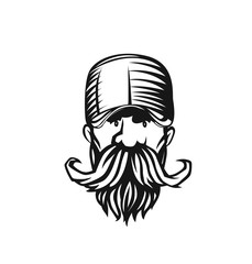 Hand drawn hipster male face, hairstyle, beard and mustache, vector illustration.
