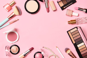  professional makeup tools. Makeup products on a colored background top view. A set of various products for makeup. - obrazy, fototapety, plakaty