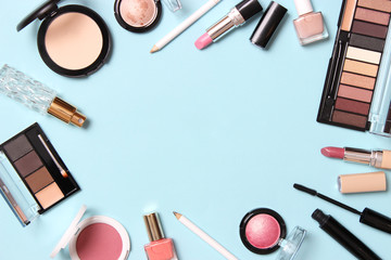  professional makeup tools. Makeup products on a colored background top view. A set of various...