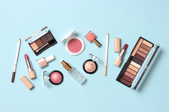  professional makeup tools. Makeup products on a colored background top view. A set of various products for makeup.