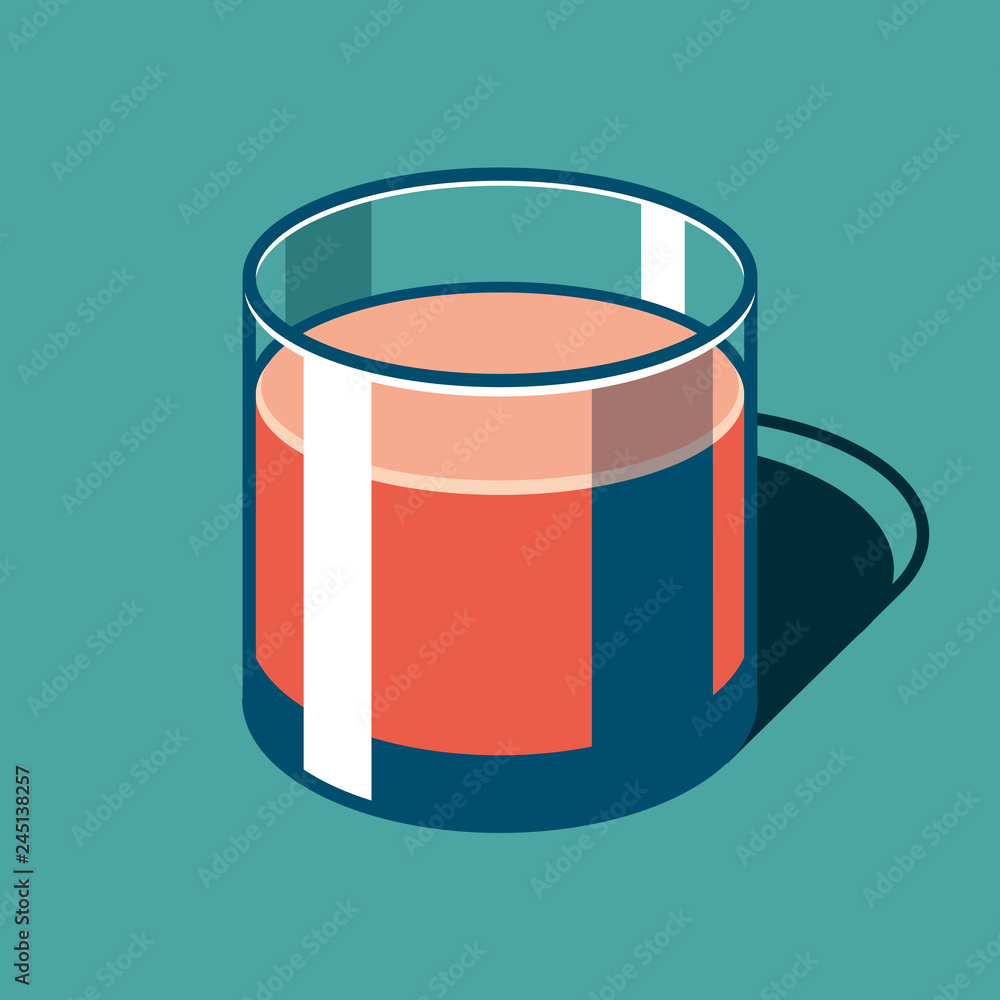 Poster transparent glass of orange juice with 3d flat style. cup on color background. simple volume vector 