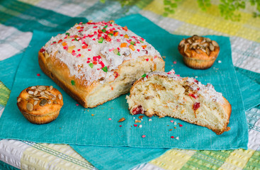 homemade baking easter pasca on woven canvas