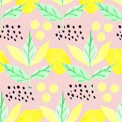 Tuinposter Seamless pattern with gouache leaves and graphic element © марина васильева