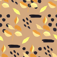 Seamless pattern with gouache leaves and graphic element