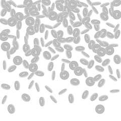 Indian rupee coins falling. Scattered black and wh