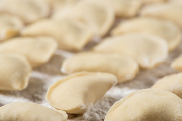 Raw dumplings ready to boil, close up. Also known as Vareniks, Ukrainian traditional cuisine