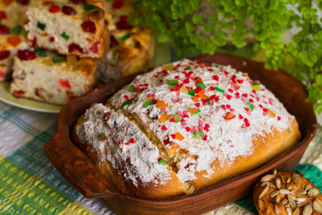 homemade baking easter pasca on woven canvas