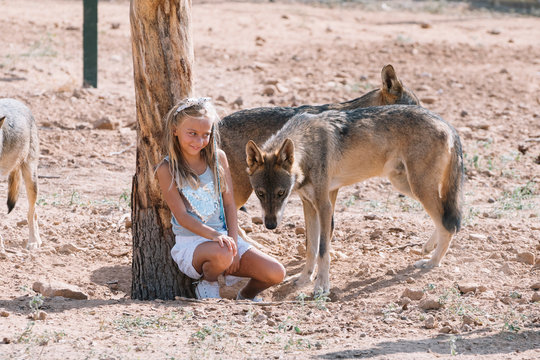 Little blonde girl with wolf in zoo