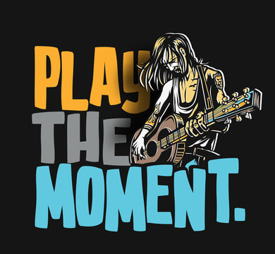 Rockstar guy playing guitar with text move the beat, vector illustration.