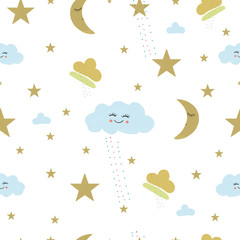 Smiling cloud, moon, sleeping stars seamless pattern