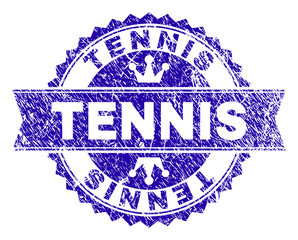 TENNIS rosette seal imprint with grunge effect. Designed with round rosette, ribbon and small crowns. Blue vector rubber watermark of TENNIS tag with grunge texture.