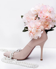 1, white women's stiletto Shoe, pearl, necklace, flower, hydrangea